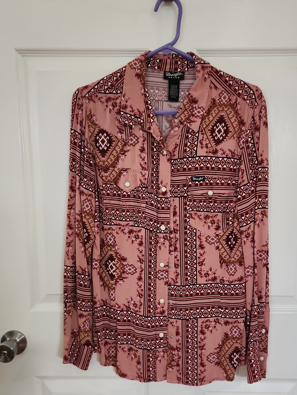 Wrangler Retro Aztec print western rodeo cowgirl snap shirt size medium